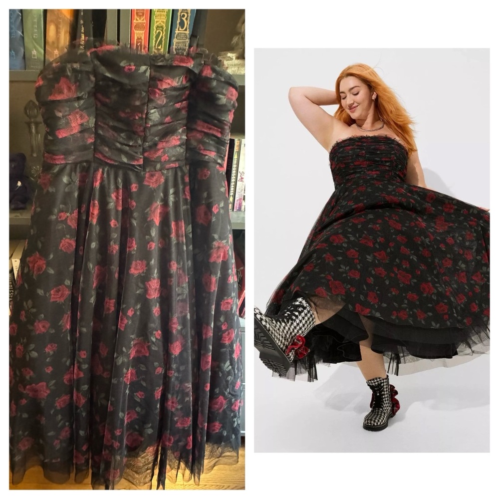 EUC Betsey Johnson for Torrid Black tulle gown with red roses